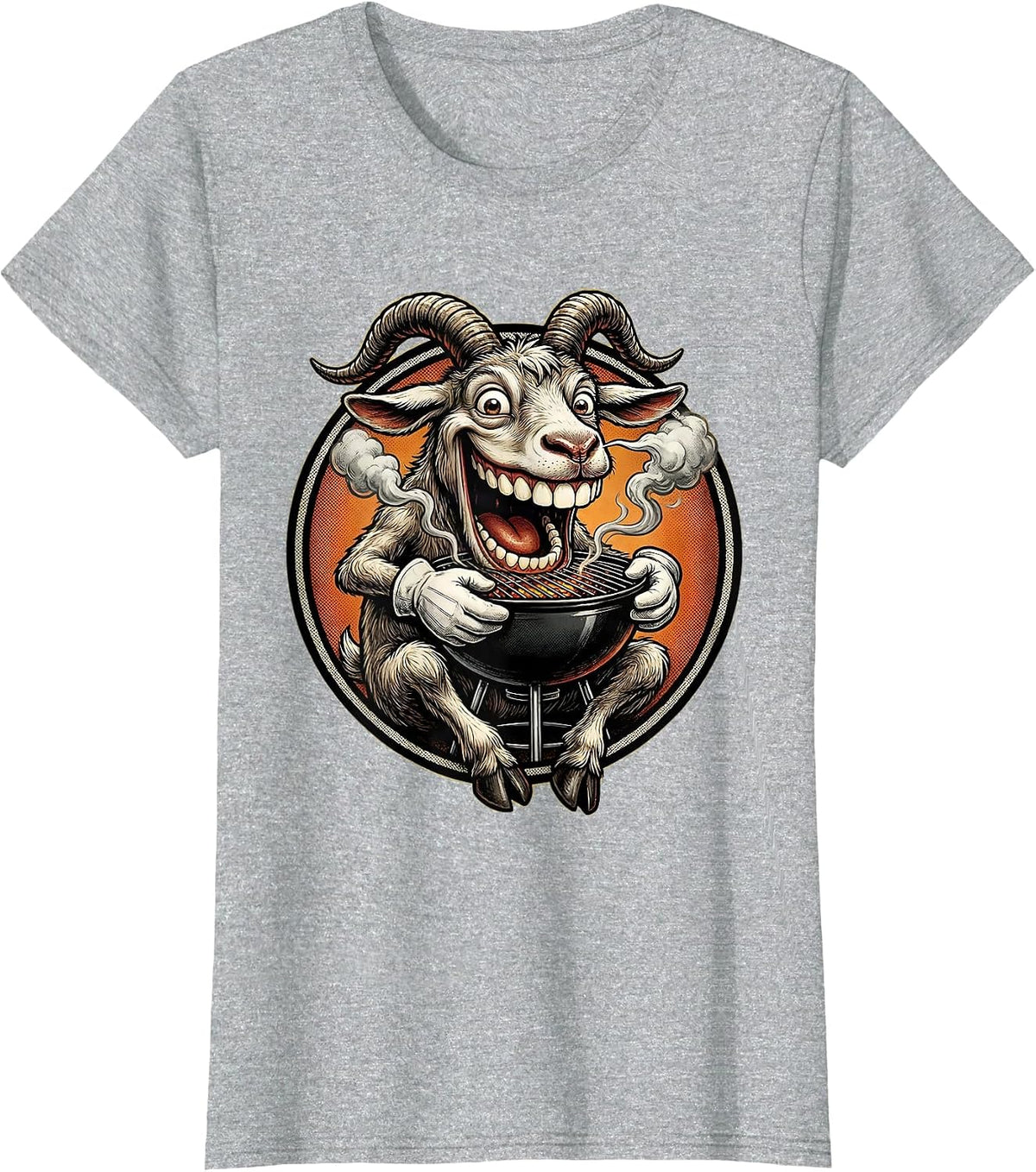 Funny Goat Eating BBQ Grill Whole Graphic T-Shirt - Heather Grey