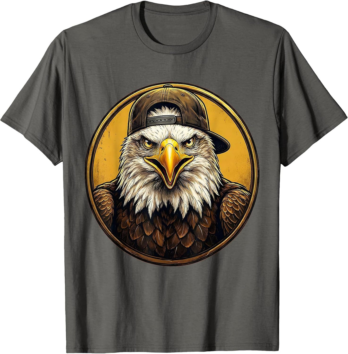 Bald Eagle Backwards Baseball Cap Funny Graphic T-Shirt - Asphalt Grey