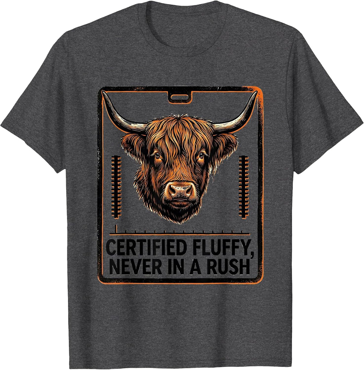Men's Certified Fluffy Never In A Rush Cute Highland Cow Humor T-Shirt - Dark Heather Grey