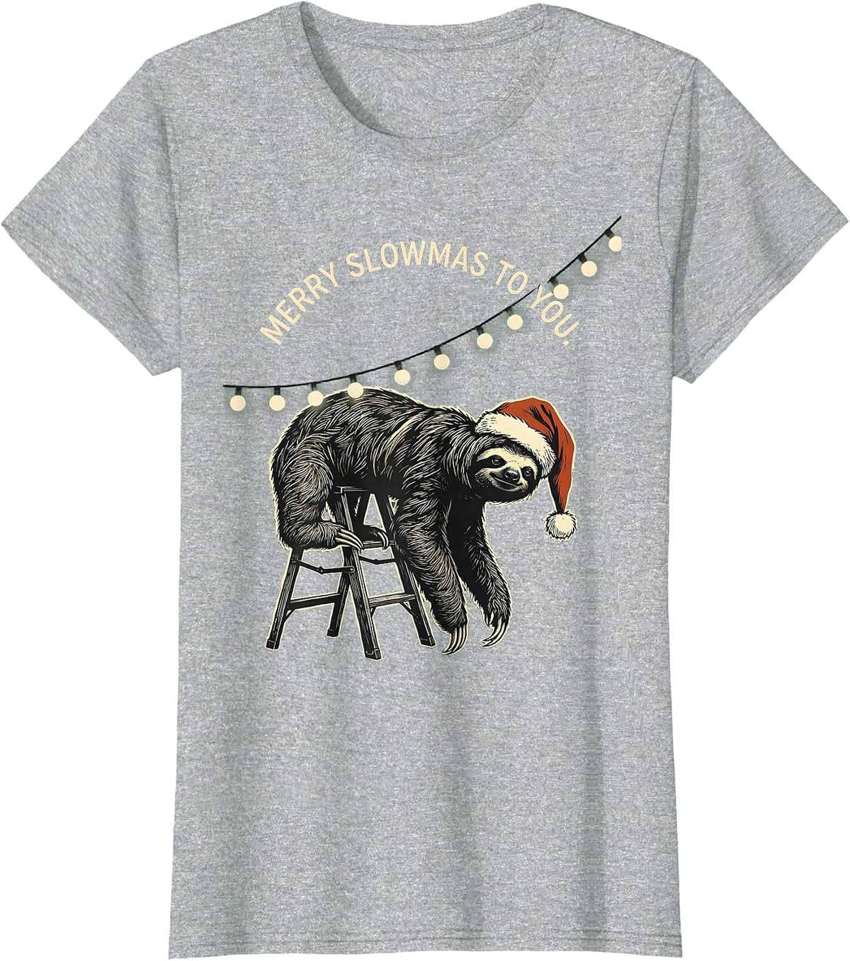 Merry Slowmas to You Funny Sloth Lover Christmas Lights T-Shirt - Heather Grey