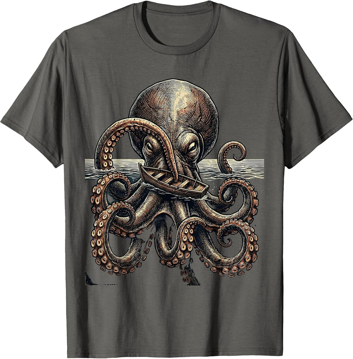 Kraken Domed Tentacle Vintage Octopus Lover Illustration T-Shirt - Asphalt Grey