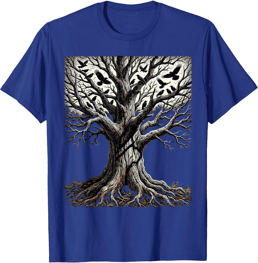 Bare Tree Crow Silhouette Fall Nature Design T-Shirt - Royal Blue