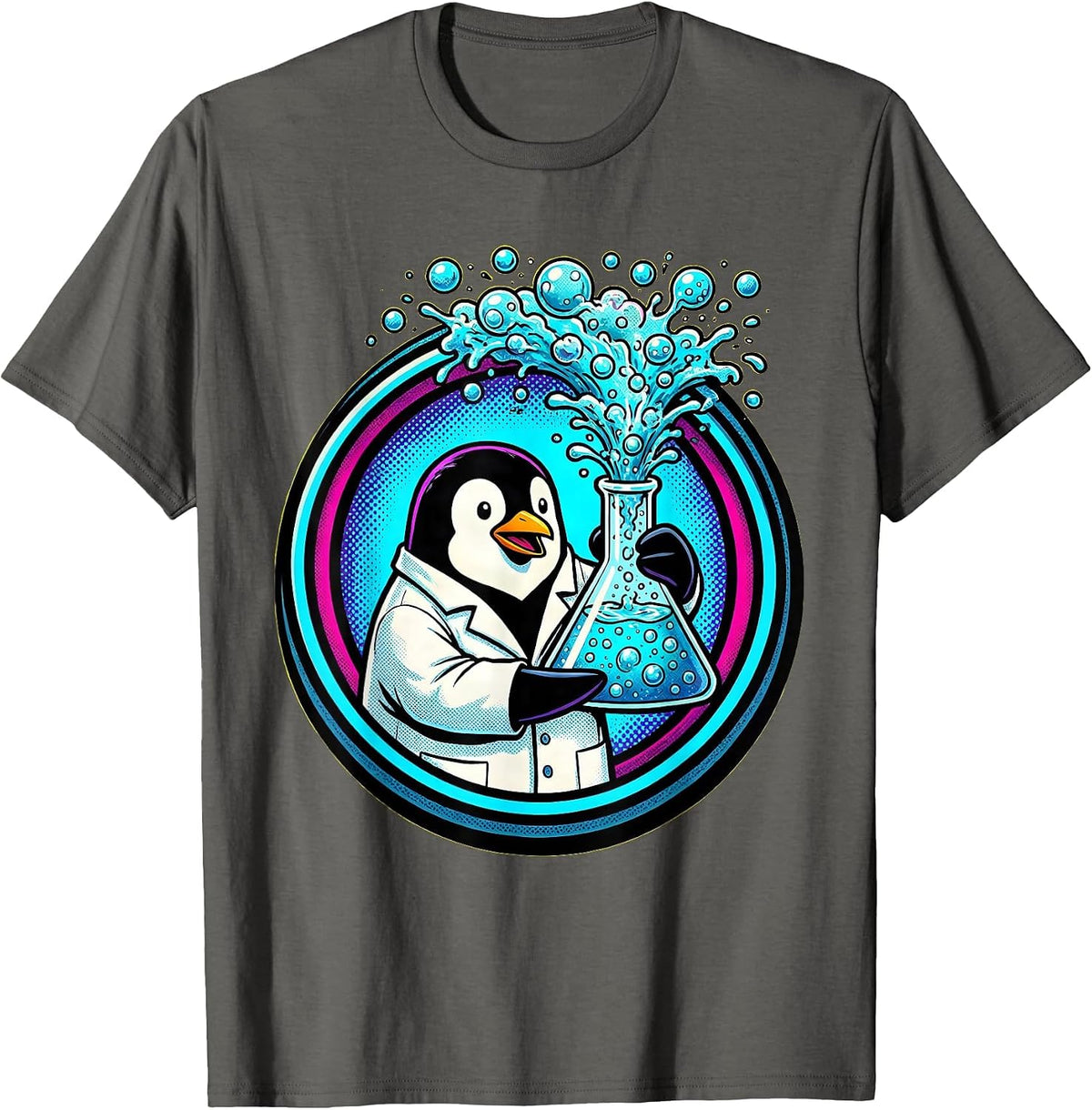 Penguin Scientist with Bubbling Laboratory Flask T-Shirt - Asphalt Grey