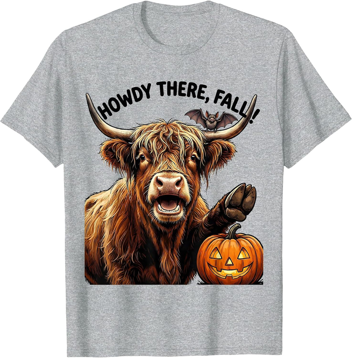 Men's Howdy There, Fall! Whimsical Highland Cow Halloween Pun T-Shirt - Heather Grey