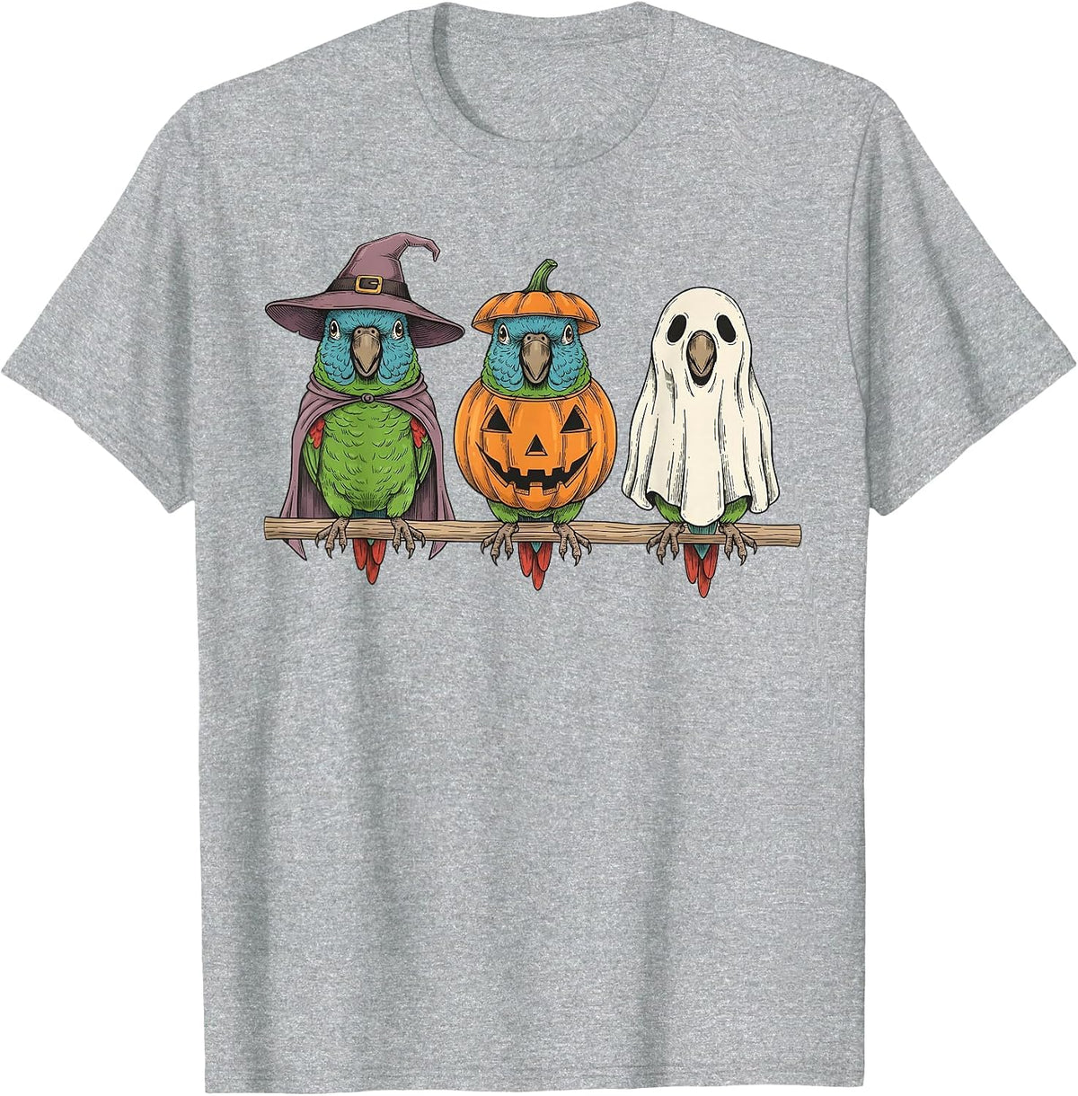 Spooky Ghost Blue Crowned Conure Parrot Pumpkin Halloween T-Shirt - Heather Grey