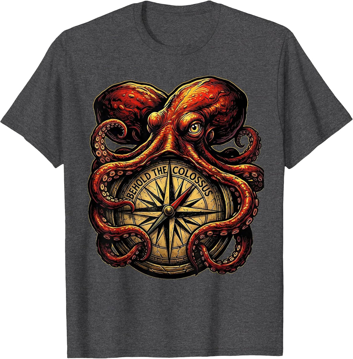 Behold The Colossus Tattoo Octopus Lover Ocean Sea Creature T-Shirt - Dark Heather Grey