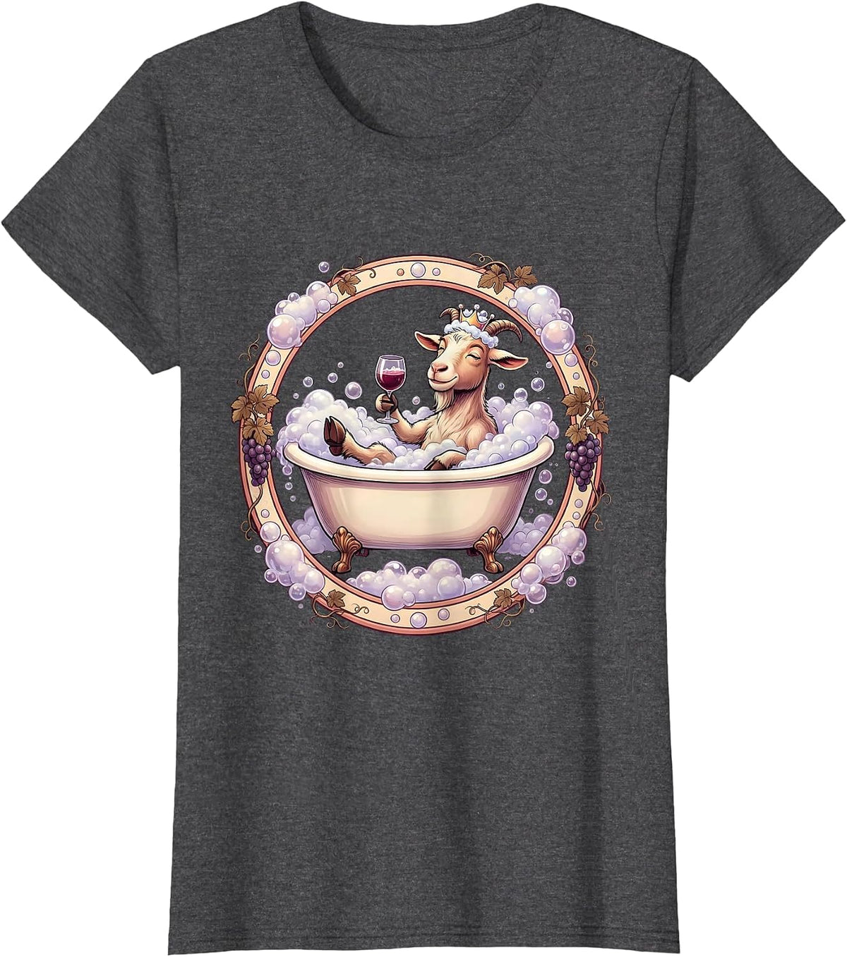 Women's Goat In Bath Bubbles Drinking Wine Funny T-Shirt - Dark Heather Grey