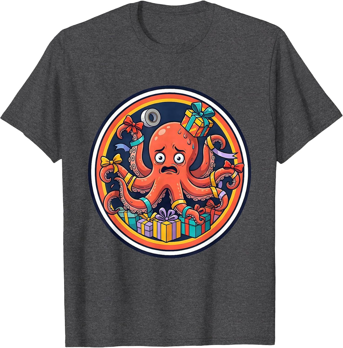 Overwhelmed Octopus Gift Wrapping Chaos T-Shirt - Dark Heather Grey