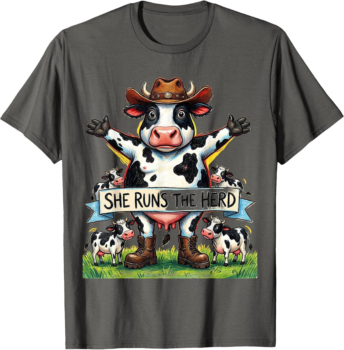 Men's She Runs The Herd Cow Lover Design T-Shirt - Asphalt Grey