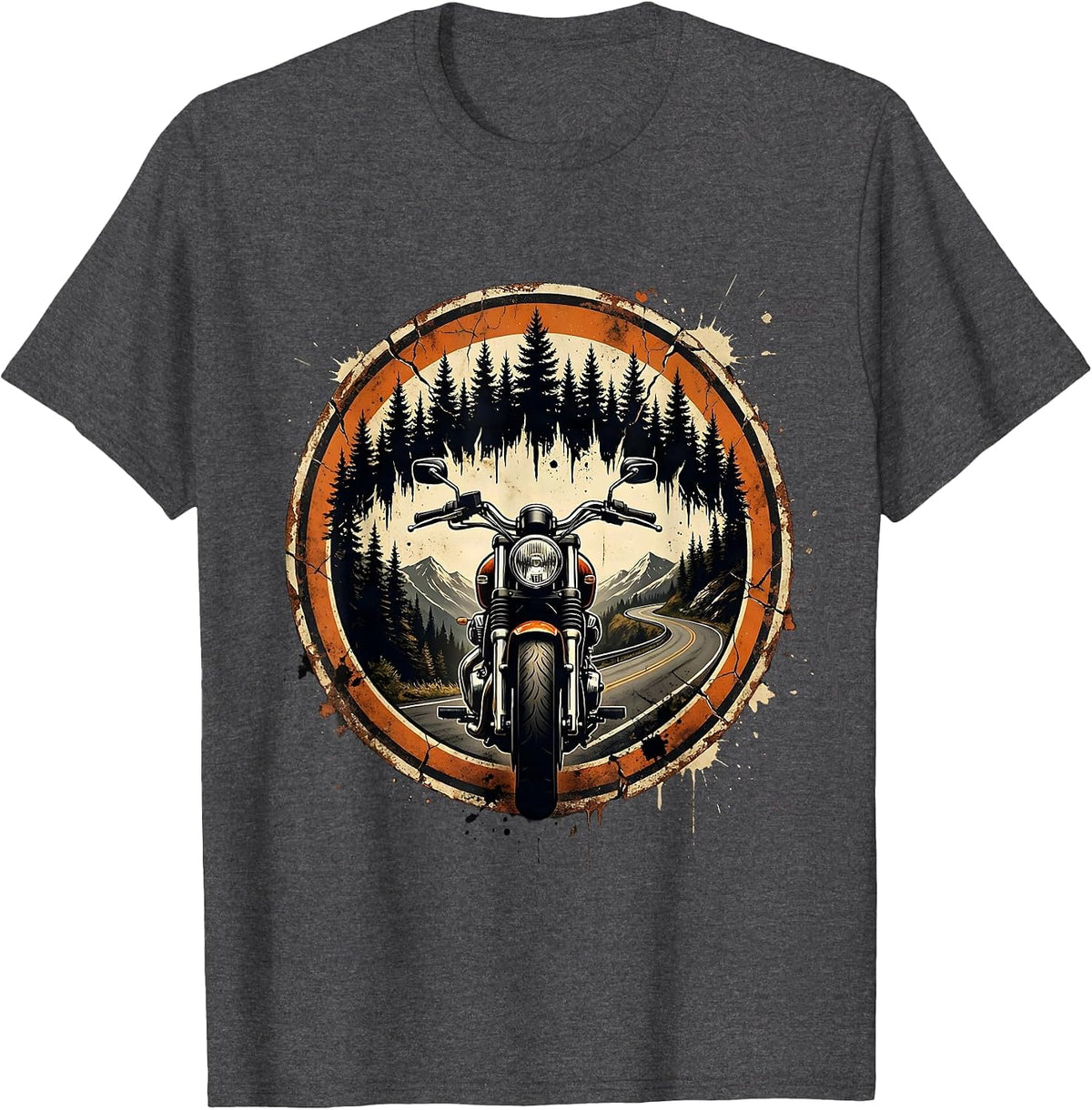 Mountain Road Pine Forest Biker Graphic Tee T-Shirt - Dark Heather Grey