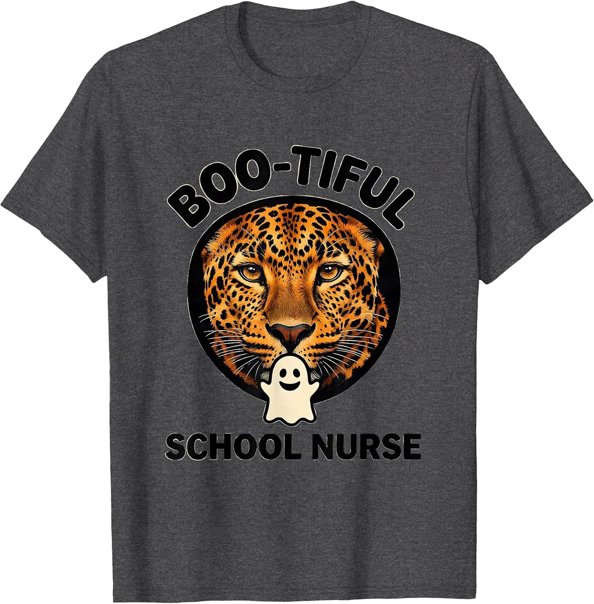 Boo-tiful School Nurse Funny Leopard Halloween Costume T-Shirt - Dark Heather Grey
