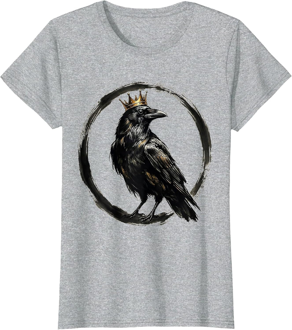 Women's Crow Wearing a Tiny Golden Crown Illustration T-Shirt - Heather Grey