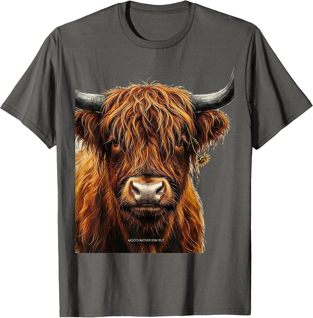 Men's Moo'd Rather Stay Put Funny Highland Cow Farm Animal Humor T-Shirt - Asphalt Grey