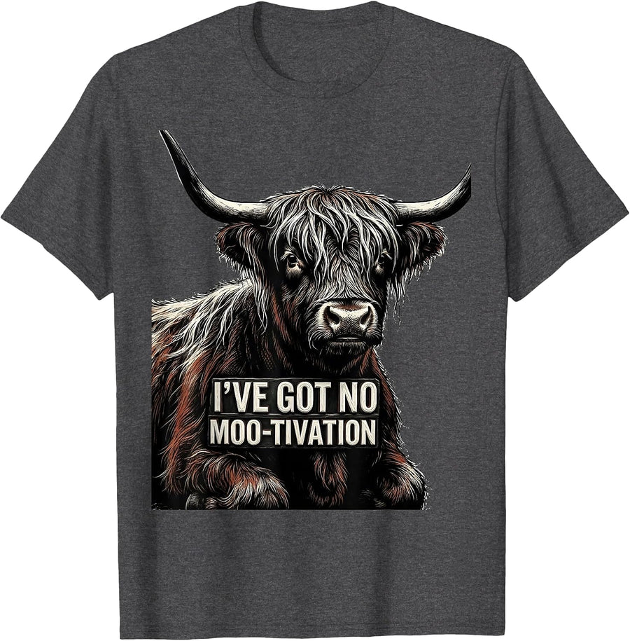 Men's I've Got No Moo-tivation Funny Highland Cow Farm Humor T-Shirt - Dark Heather Grey