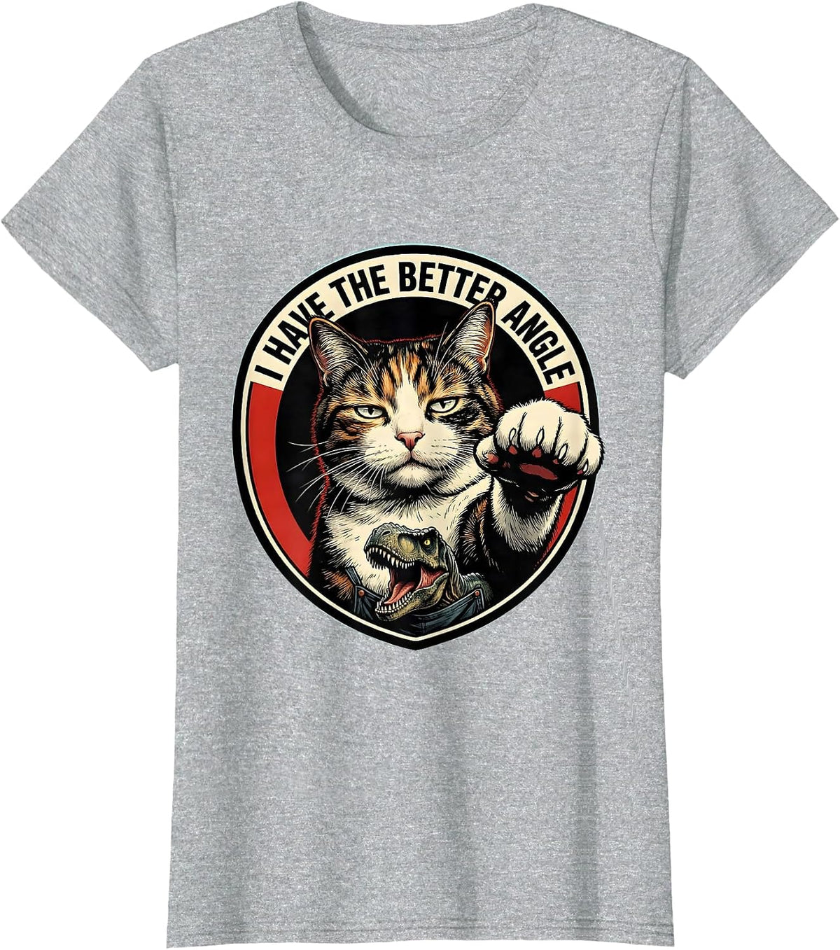 Women's I Have The Better Angle Comic Book Cat Selfie With T-Rex T-Shirt - Heather Grey