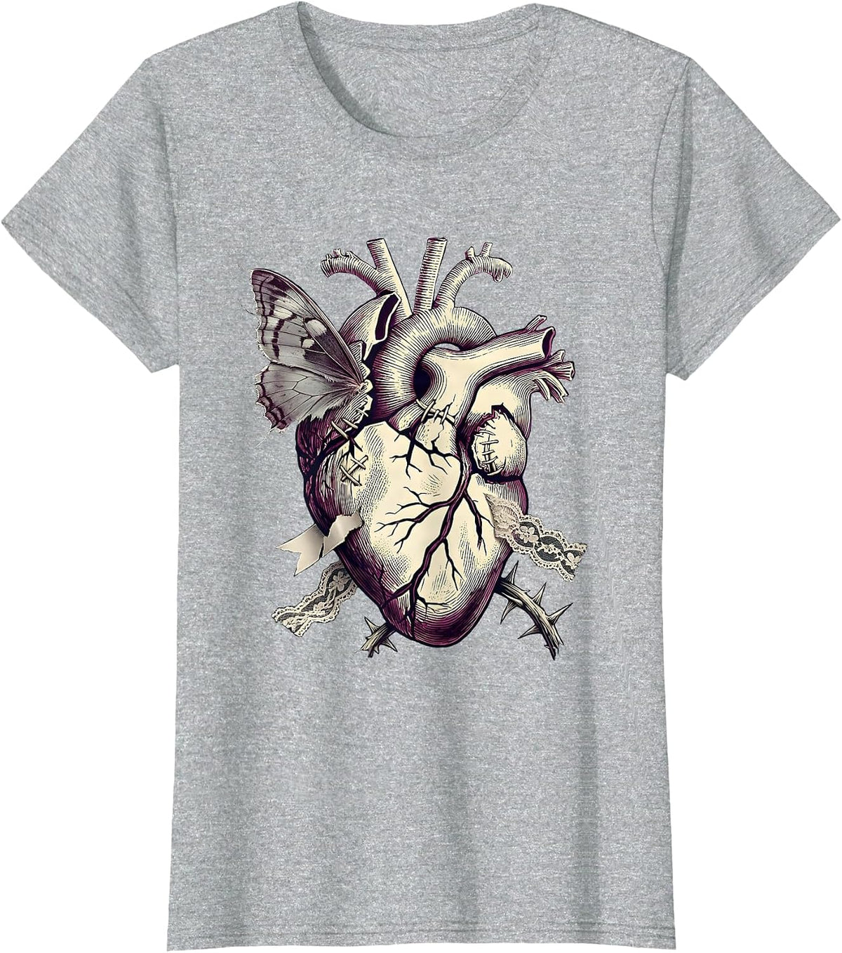 Women's Emo Broken Heart Stitched Together Graphic T-Shirt - Heather Grey