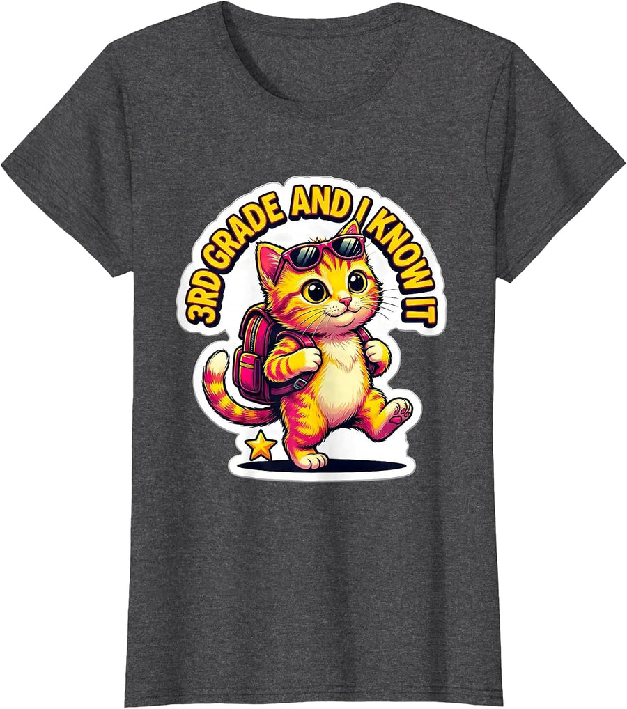 Women's 3rd Grade And I Know It Cute Kitten Back To School Girls T-Shirt - Dark Heather Grey