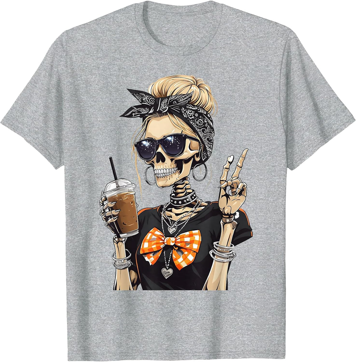 Skeleton Girl Drinking Coffee Peace Sign Graphic for Women T-Shirt - Heather Grey
