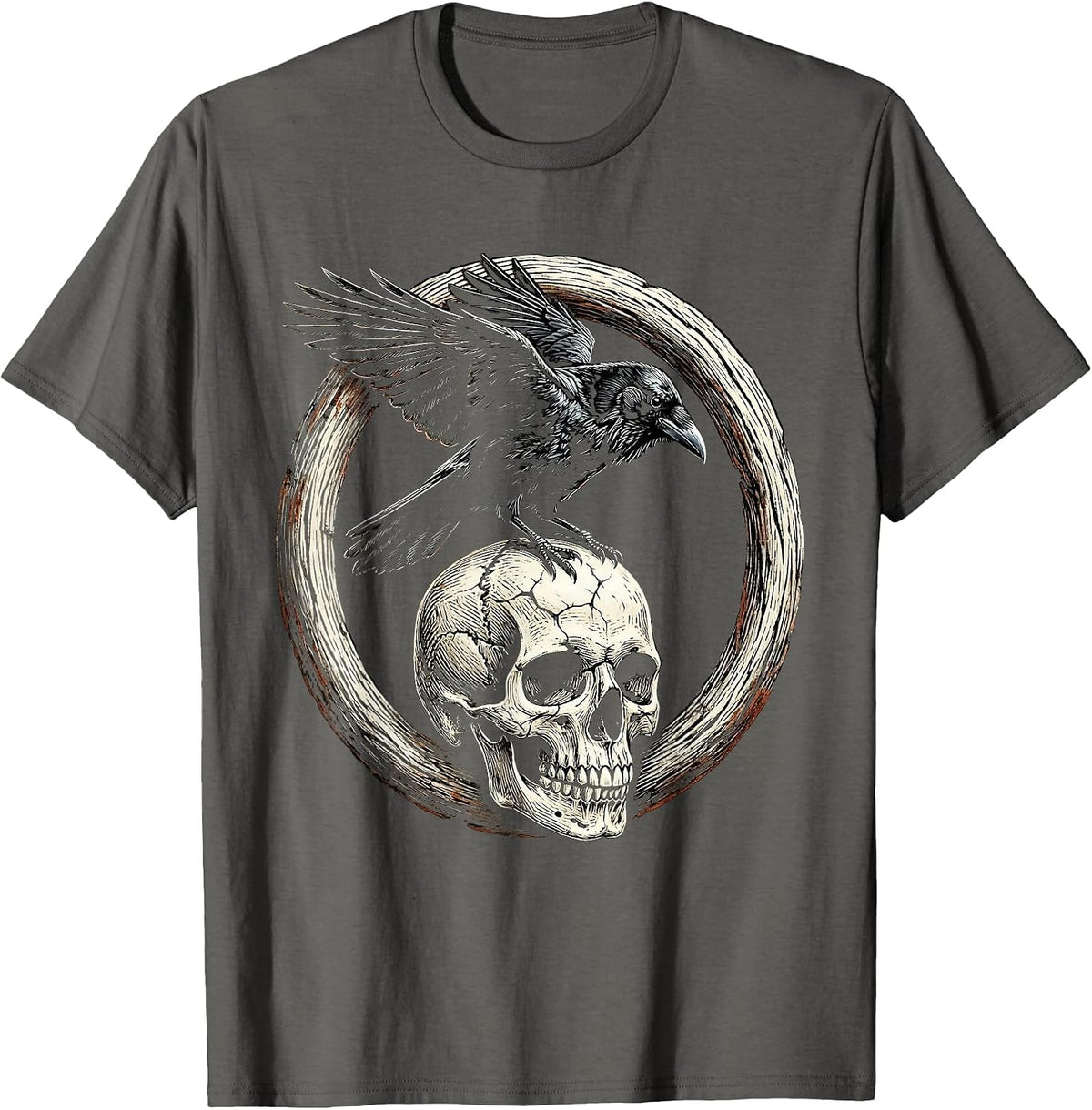 Men's Crow Perched on Skull Dark Gothic Illustration T-Shirt - Asphalt Grey