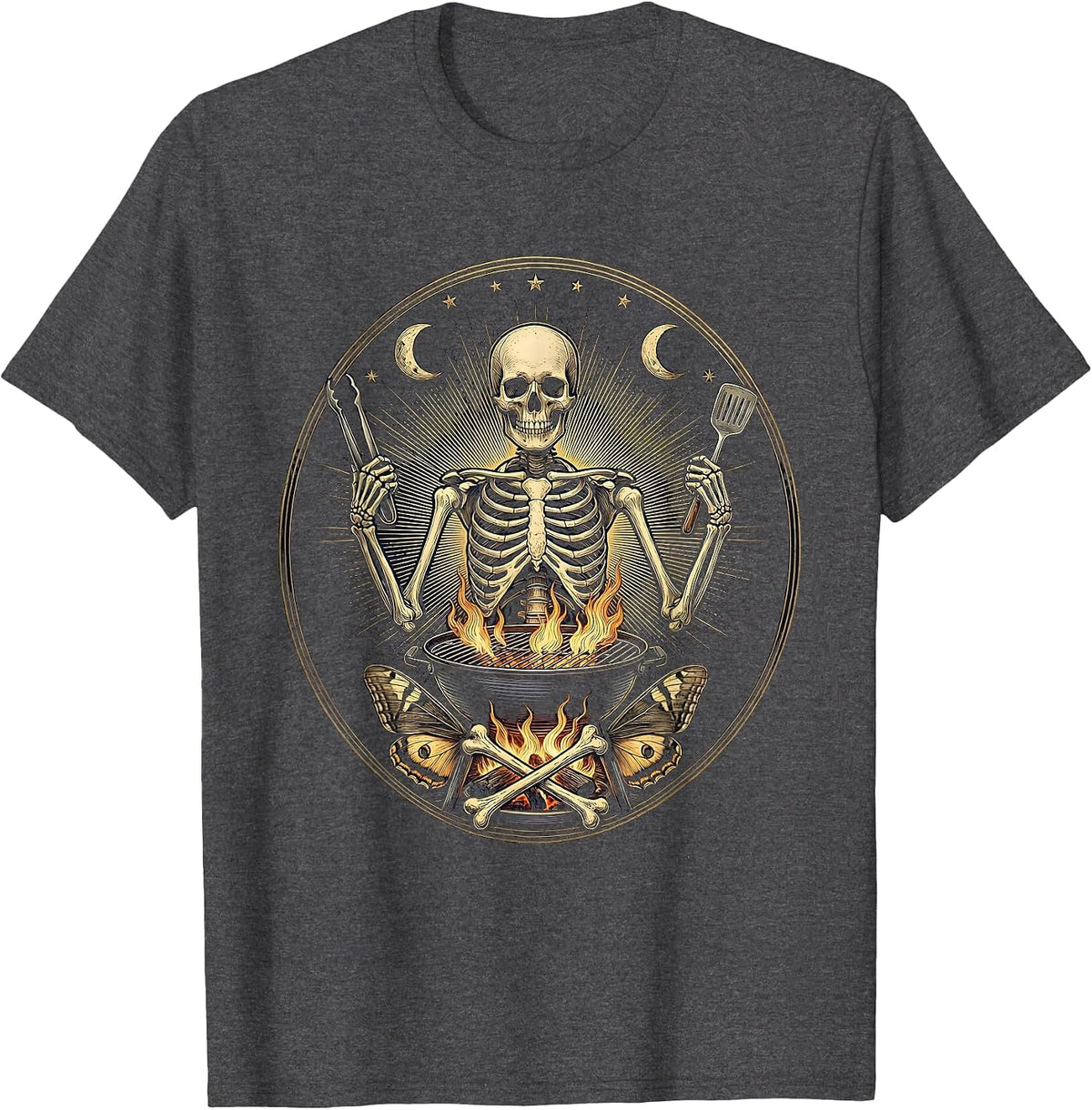 Skeleton Dad Grilling Burgers Backyard BBQ T-Shirt - Dark Heather Grey