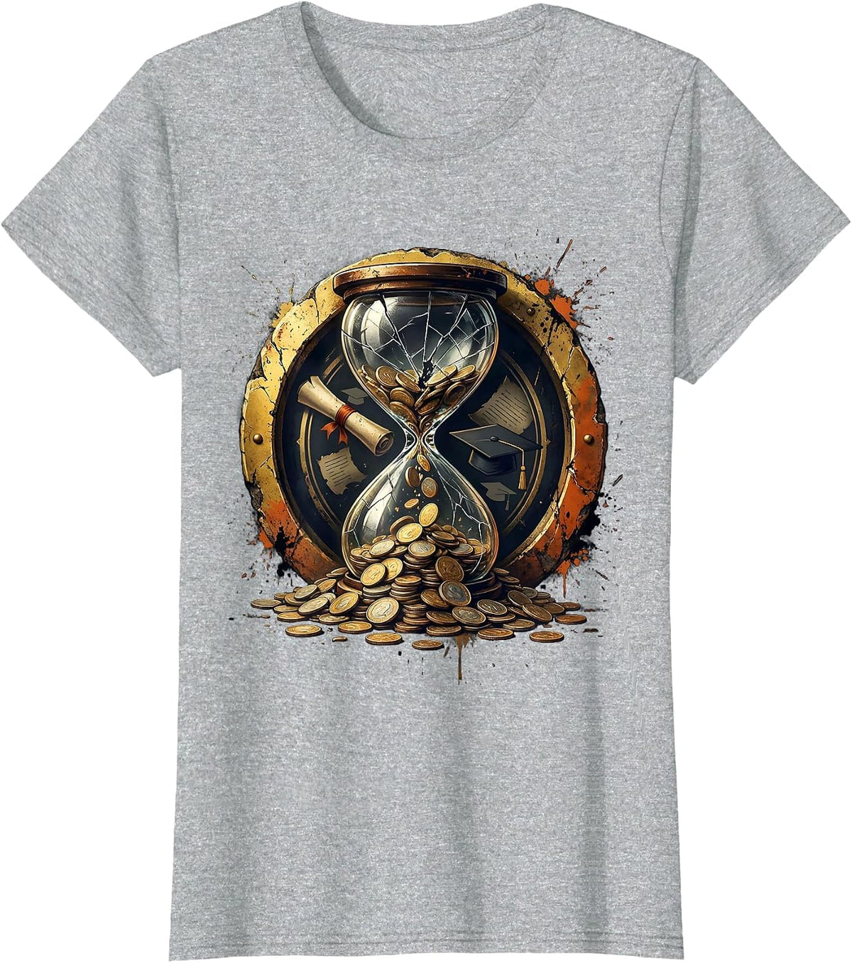 Giant Hourglass Raining Coins College Graphic T-Shirt - Heather Grey
