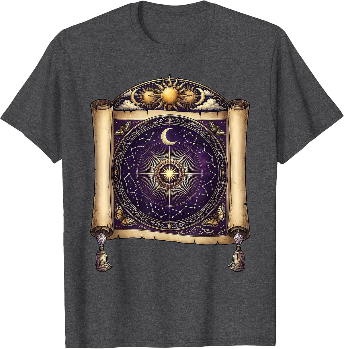 Men's Celestial Sky Map Scroll Illustration T-Shirt - Dark Heather Grey