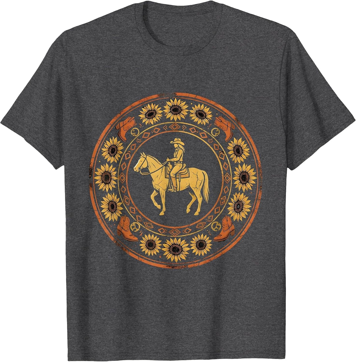 Cowgirl Silhouette Horseback Riding at Dusk T-Shirt - Dark Heather Grey