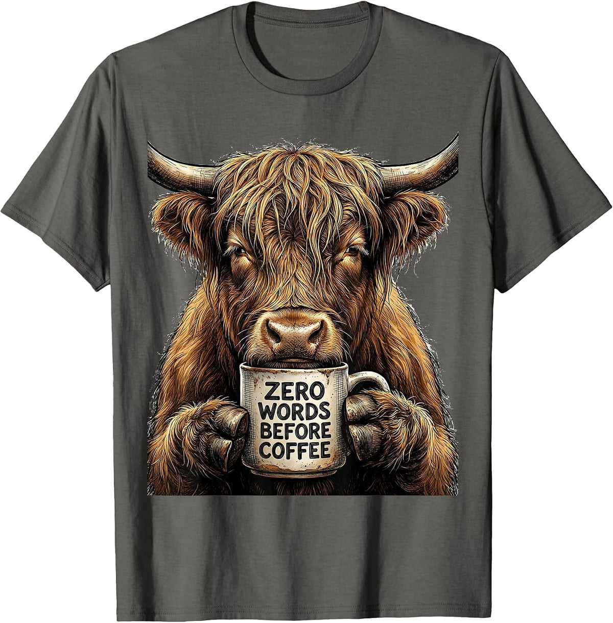 Zero Words Before Coffee Funny Highland Cow Coffee Lover T-Shirt - Asphalt Grey