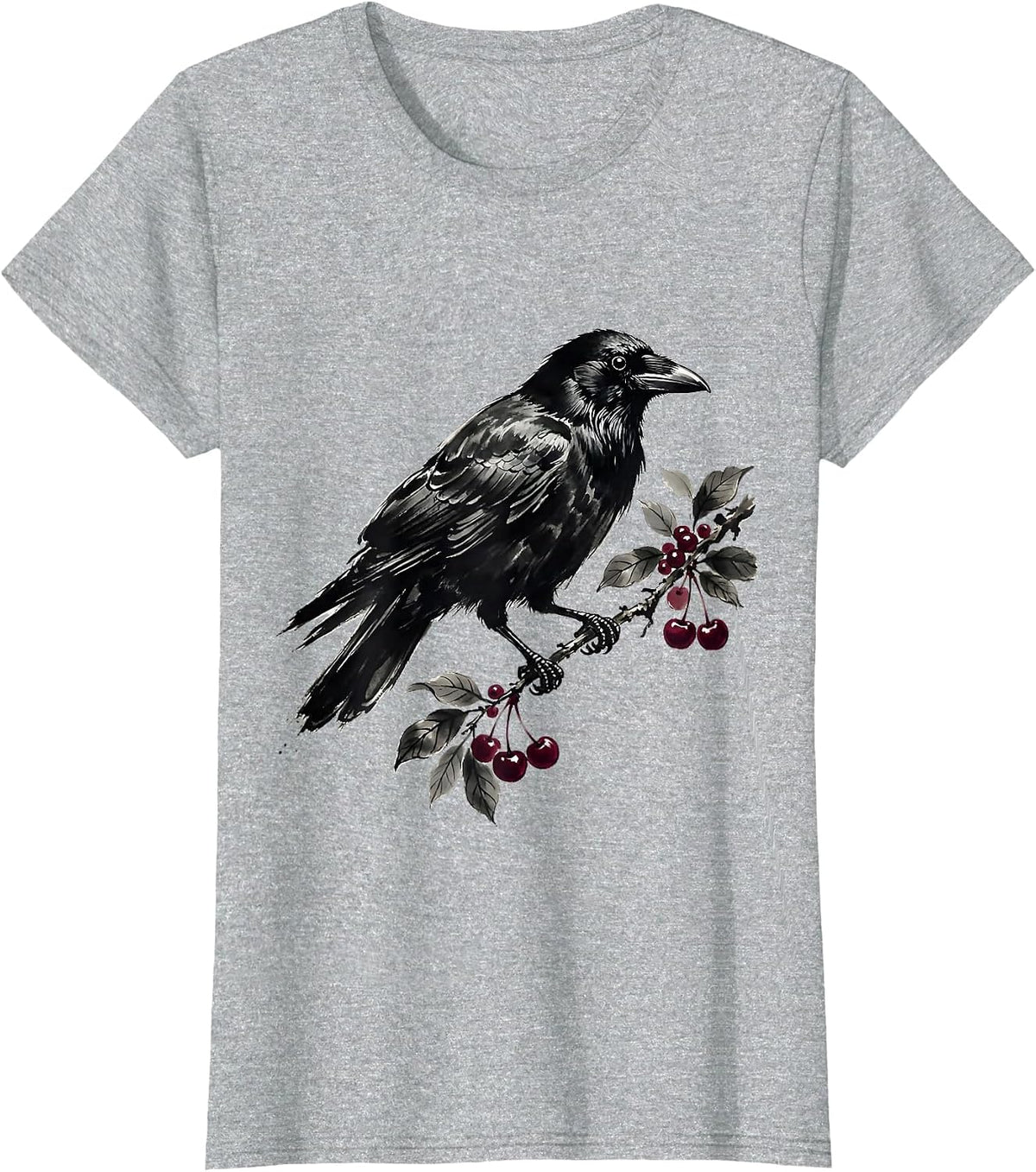 Women's Crow Carrying Coffee Cherry Branch T-Shirt - Heather Grey