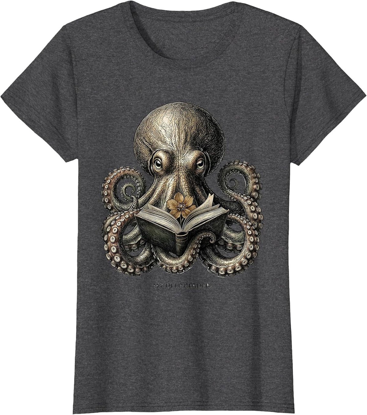 Women's My Deep Reader Botanical Octopus Book Lover Reader Art T-Shirt - Dark Heather Grey