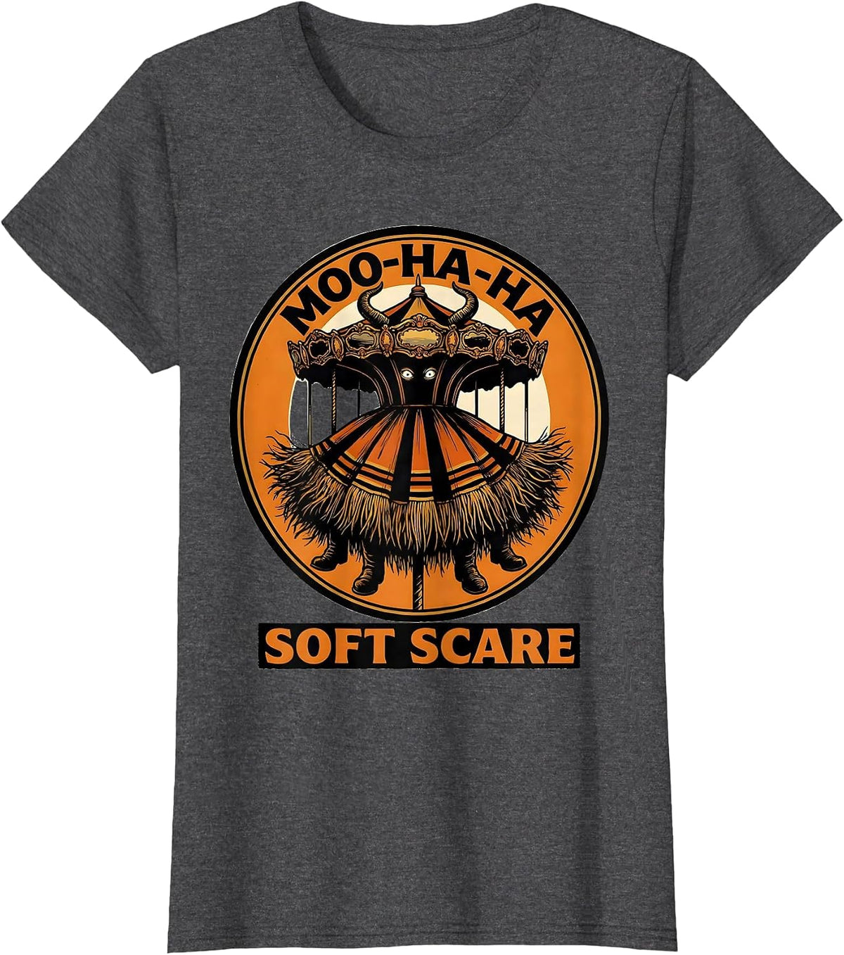 Women's Moo-Ha-Ha Soft Scare Funny Highland Cow Halloween Costume T-Shirt - Dark Heather Grey