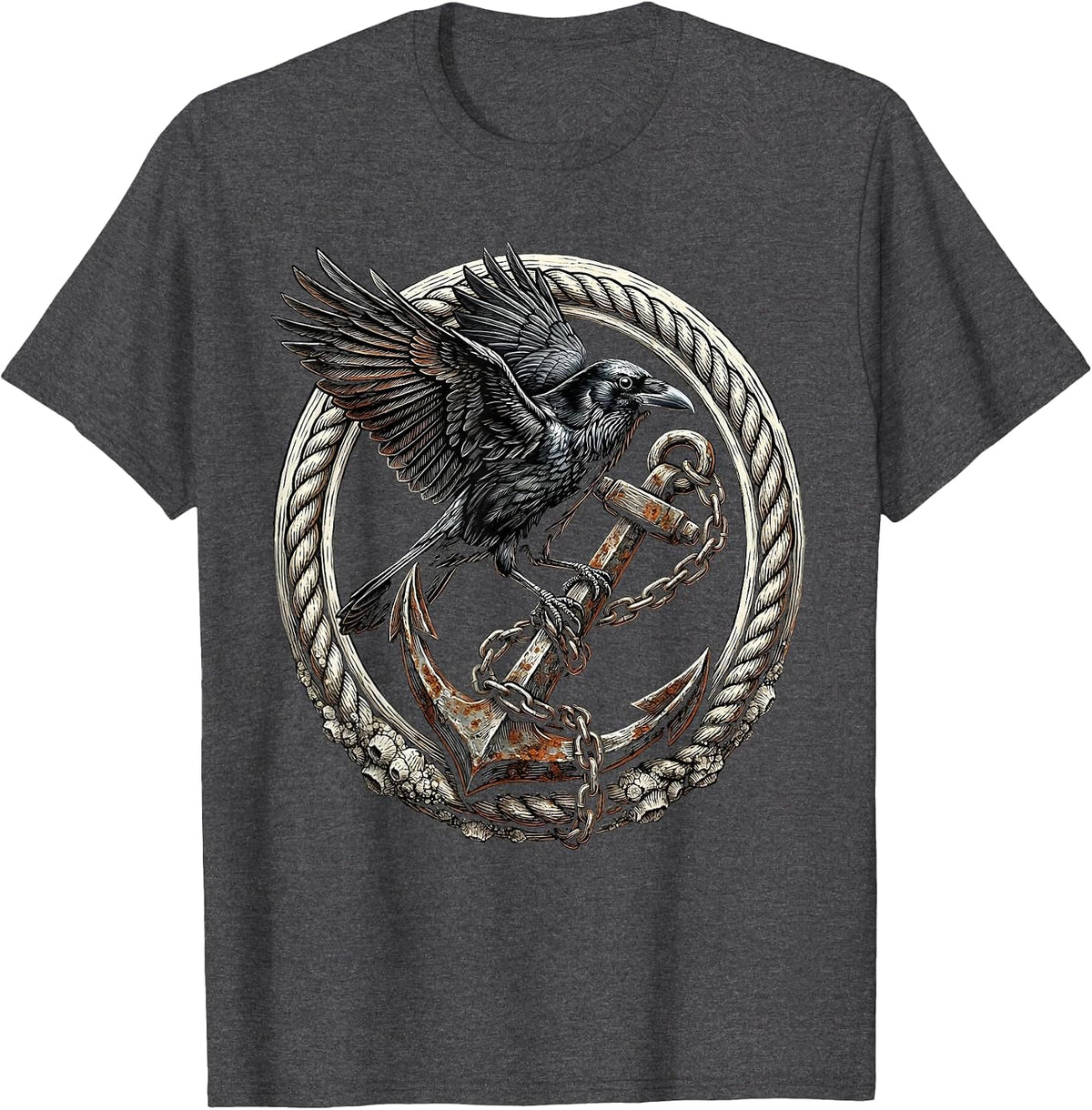 Men's Crow Perched on Rusted Anchor Illustration T-Shirt - Dark Heather Grey