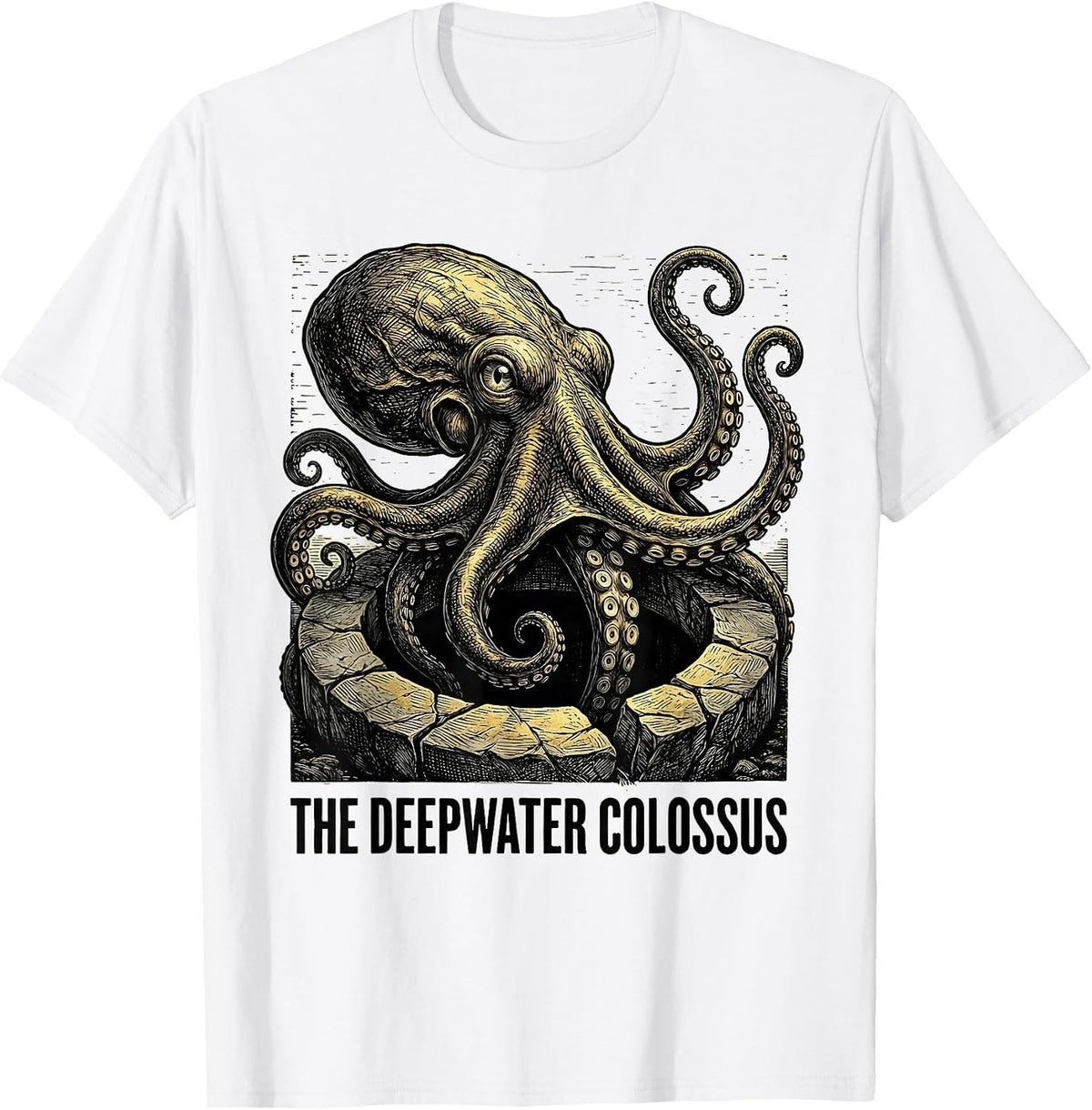 Men's The Deepwater Colossus Woodcut Engraving Octopus Lover T-Shirt - White