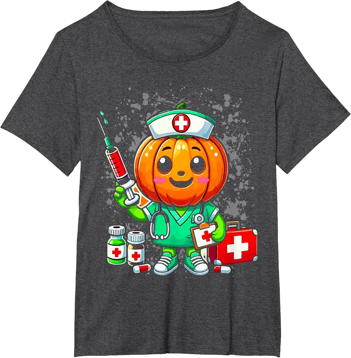 Halloween Nurse Pumpkin Nursing Scrub Top Costume Women Men T-Shirt - Dark Heather Grey