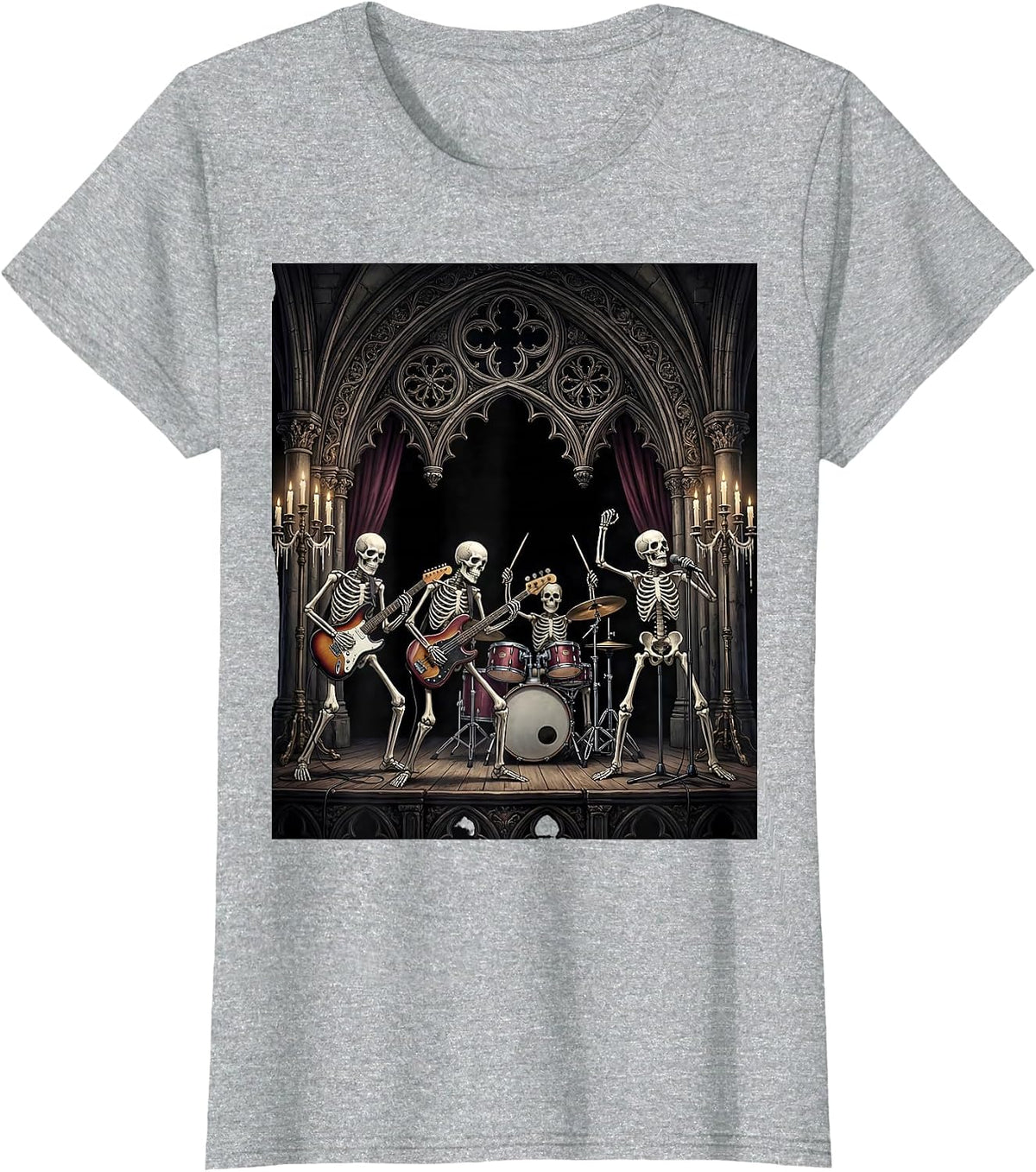 Skeleton Band Performing on Stage Metal Graphic T-Shirt - Heather Grey