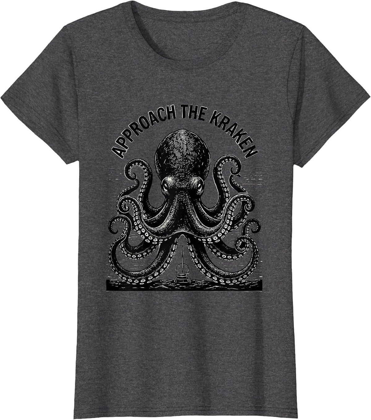 Women's Approach The Kraken Scratchboard Vintage Octopus Lover T-Shirt - Dark Heather Grey