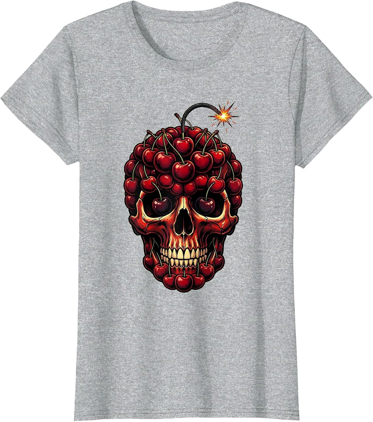 Cherry Bomb Skull Graphic Tee T-Shirt - Heather Grey