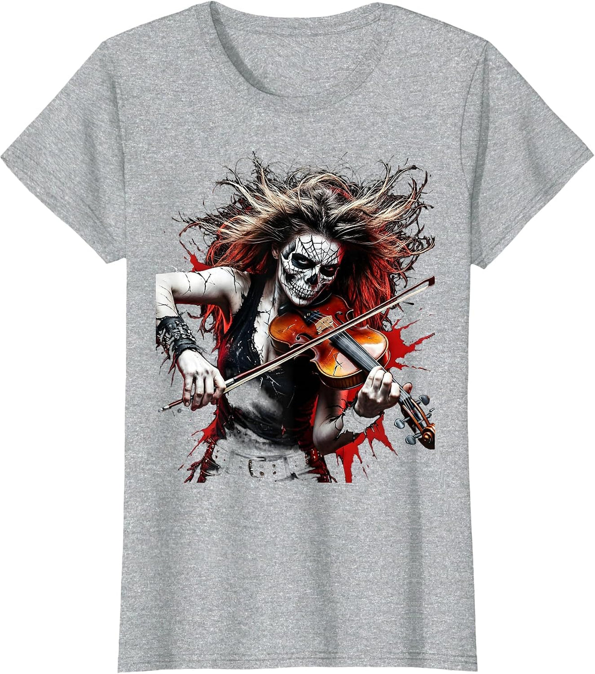 Cracked Skull Violinist Rock Musician Graphic T-Shirt - Heather Grey