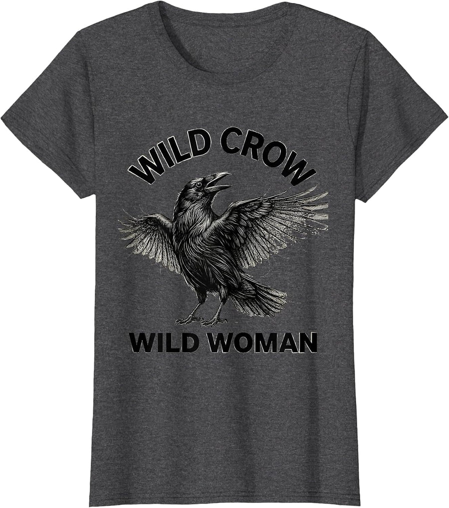 Women's Wild Crow Wild Woman Untamed Spirit Design T-Shirt - Dark Heather Grey