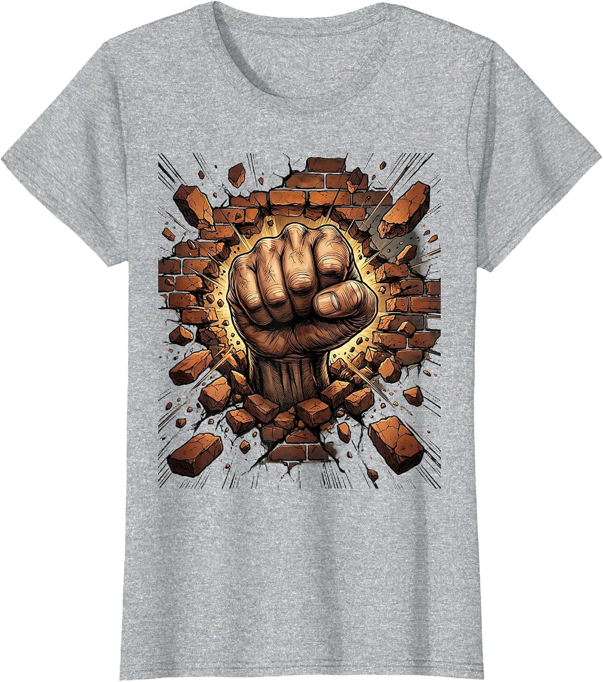 Grunge Fist Through Brick Wall Graphic Tee T-Shirt - Heather Grey