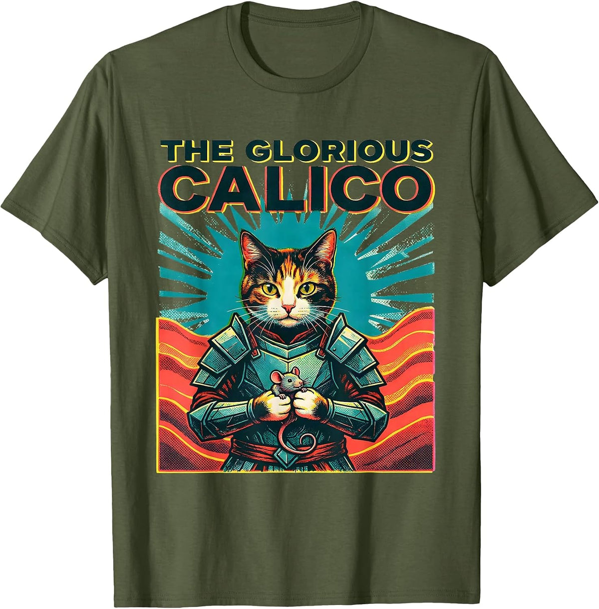 Men's The Glorious Calico Risograph Anime Cat Warrior Art Funny T-Shirt - Olive Green