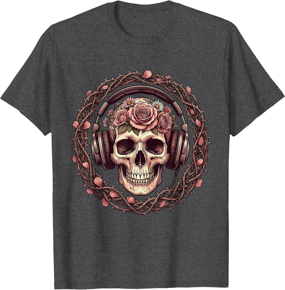 Skull With Oversized Headphones Band Music Art T-Shirt - Dark Heather Grey
