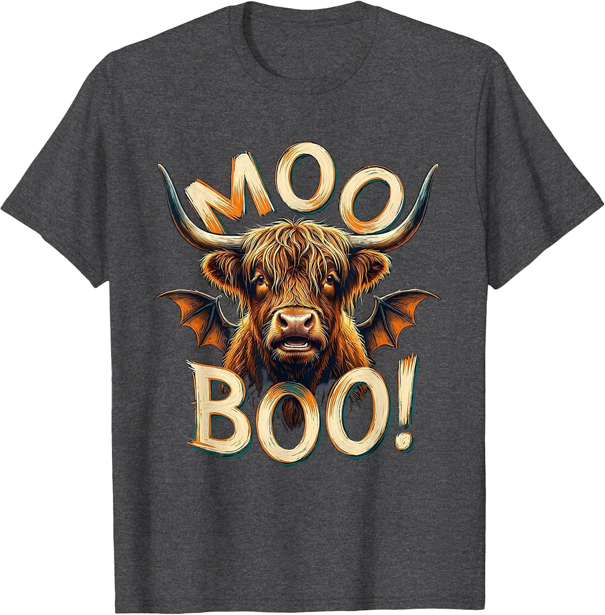 Men's Moo Boo! Whimsical Highland Cow Halloween Humor Funny T-Shirt - Dark Heather Grey
