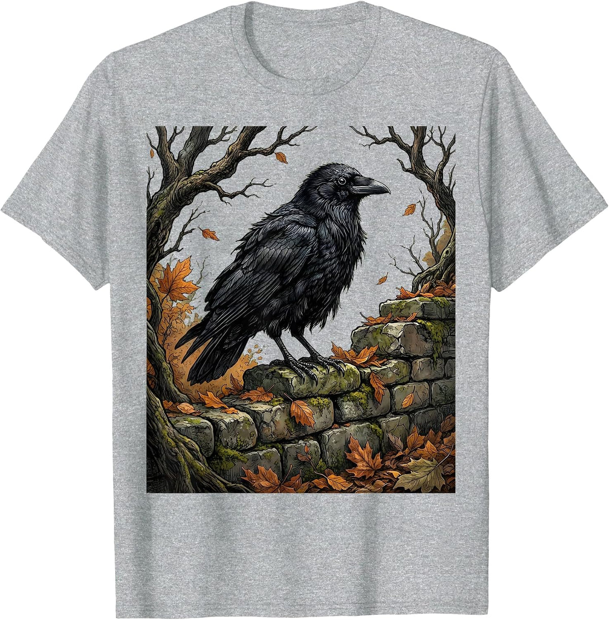 Men's Crow on Crumbling Stone Wall Fall Gothic Art T-Shirt - Heather Grey