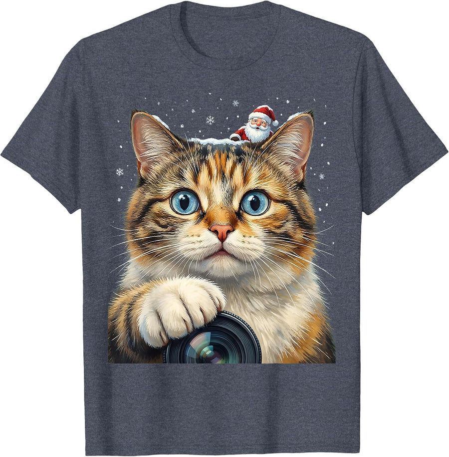 Men's Cat Selfie With Santa Storybook Funny Christmas Humor T-Shirt - Heather Blue