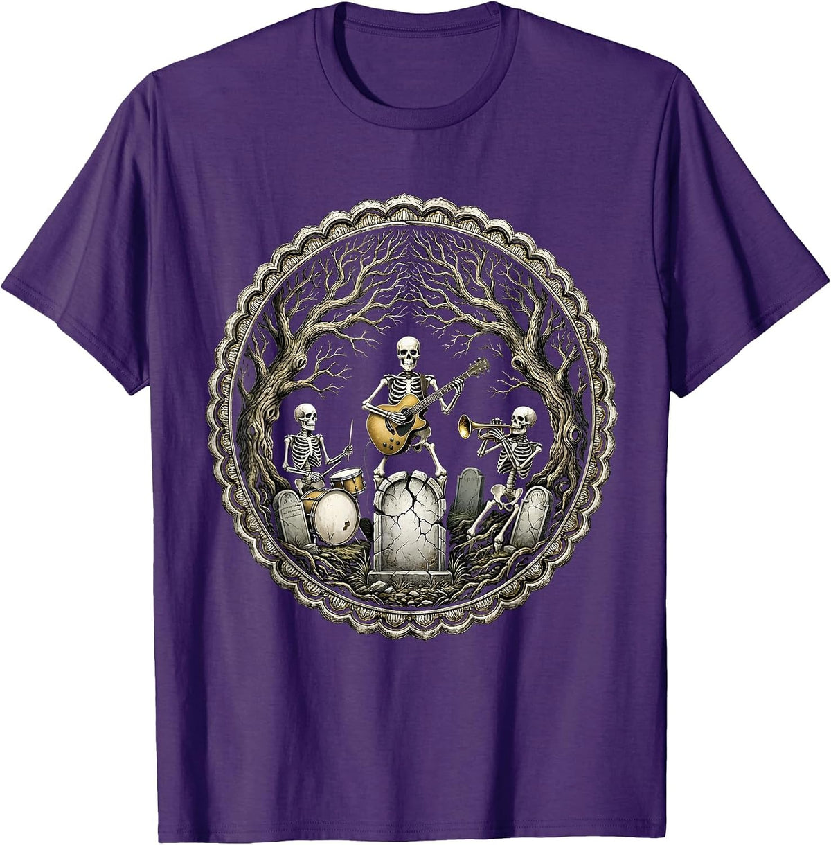 Skeleton Band Graveyard Concert Graphic T-Shirt - Purple