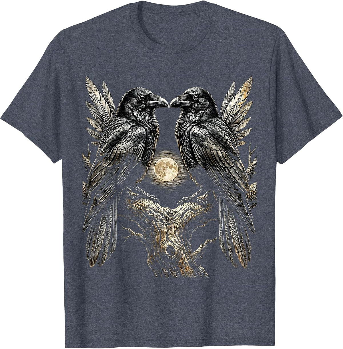 Two Crows on a Branch Facing Each Other T-Shirt - Heather Blue