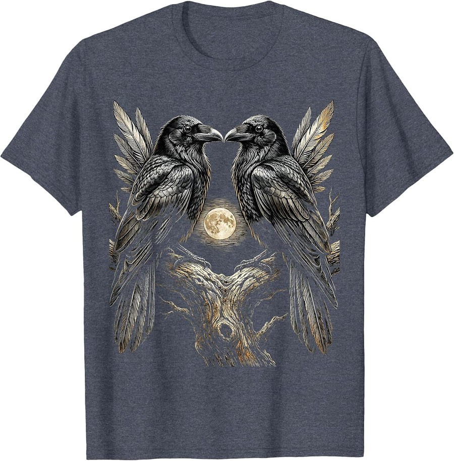 Two Crows on a Branch Facing Each Other T-Shirt - Heather Blue