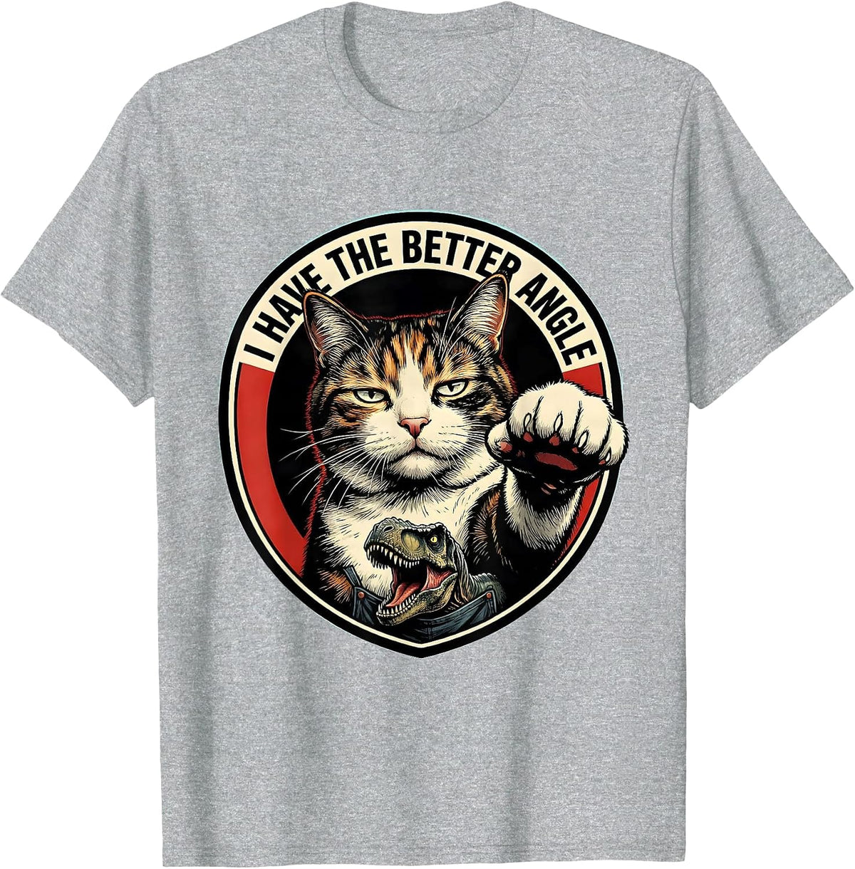 Men's I Have The Better Angle Comic Book Cat Selfie With T-Rex T-Shirt - Heather Grey