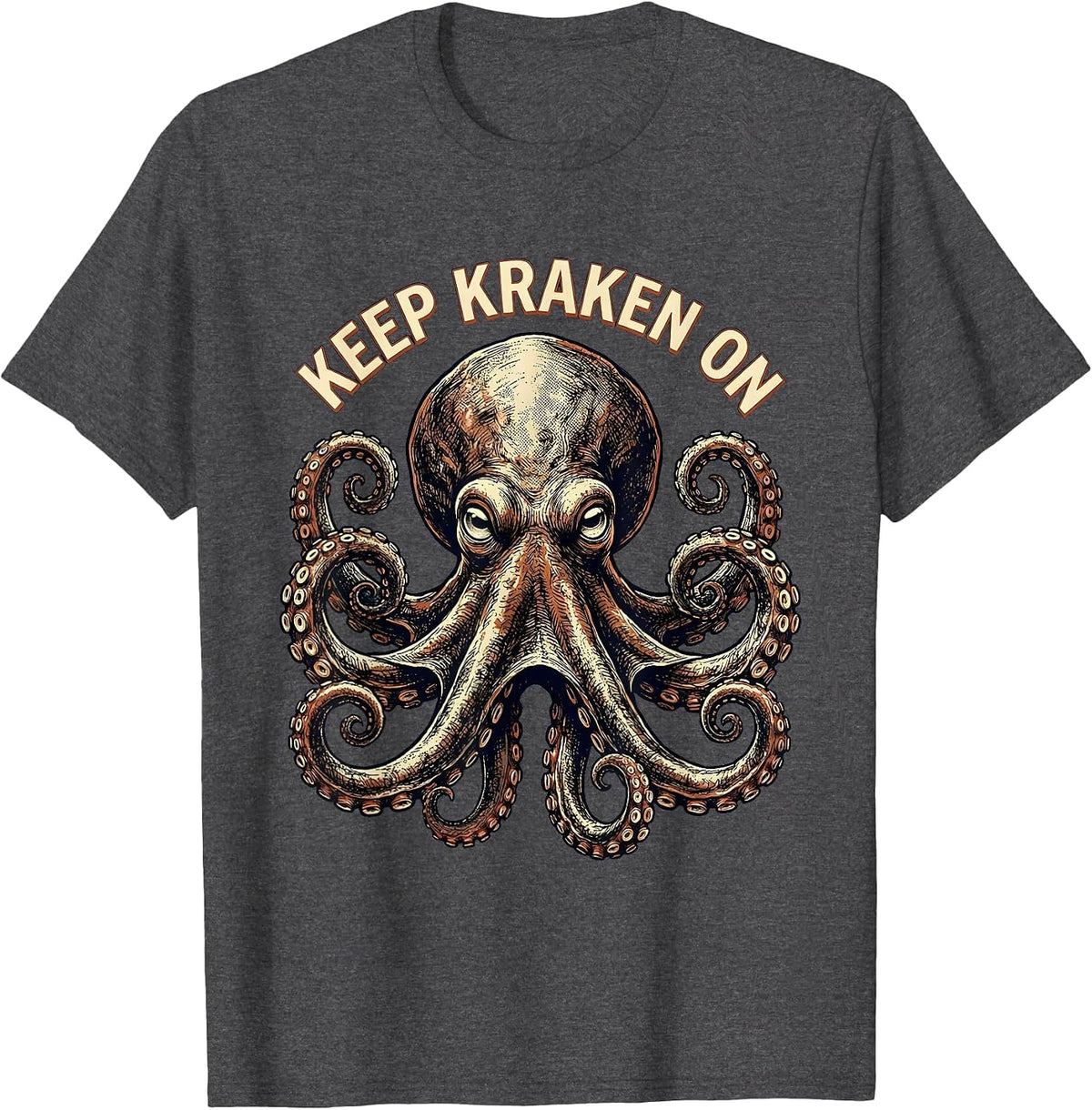 Keep Kraken On Vintage Octopus Lover Ocean Animal Art T-Shirt - Dark Heather Grey